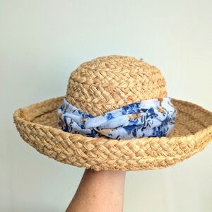 Scala Raffia Straw Woven Hat with Blue Floral Scarf